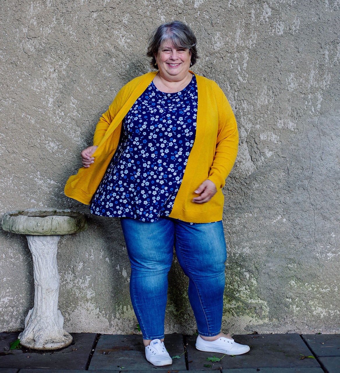 Anne Klein blue floral swing top, size 3x / Golden yellow Old Navy Cardigan, size 2x / Charlotte Russe Refuge skinny jeans, size 22 short / Keds Champions sneakers