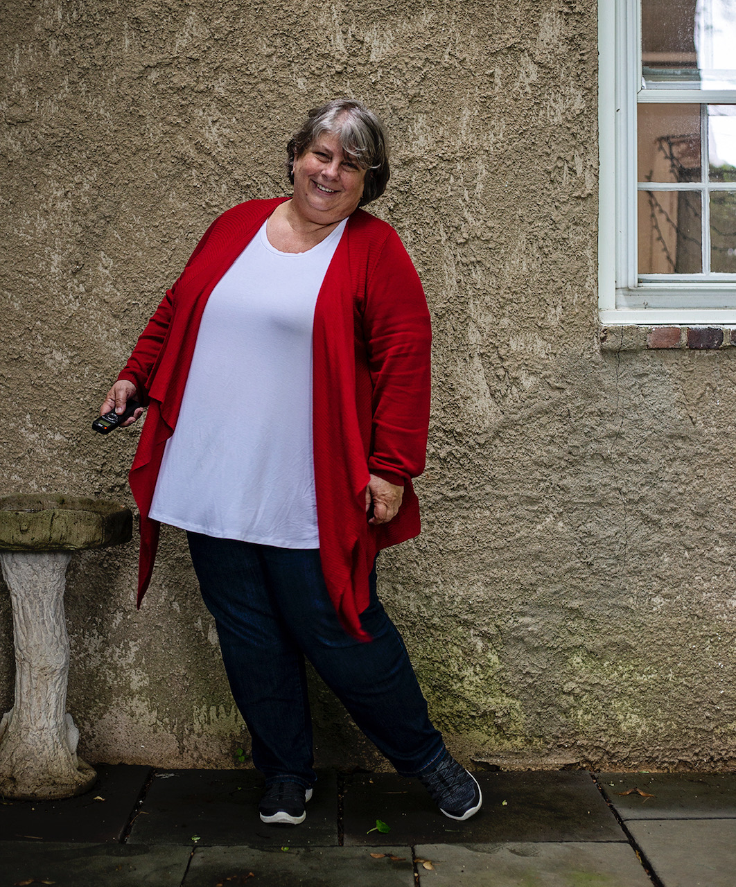 Red Torrid cascade cardigan, size 4x / White Daily Ritual/Amazon tee shirt, size 4x / Scottsdale wash Gloria Vanderbilt Amanda jeans, size 22w short / Skechers sneakers